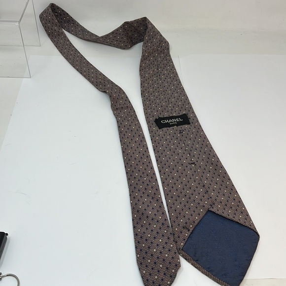 Chanel Vintage Silk Tie Taupe Blue Cream - Picture 5 of 7
